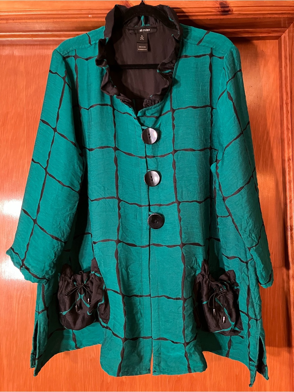 Ali Miles Teal Grid Button-Front Trench Coat